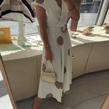 Lorena - Vestido midi para mulher com bolinhas e decote em V