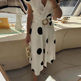 Lorena - Vestido midi para mulher com bolinhas e decote em V