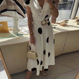 Lorena - Vestido midi para mulher com bolinhas e decote em V