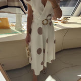 Lorena - Vestido midi para mulher com bolinhas e decote em V