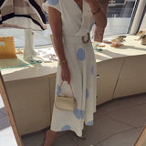 Lorena - Vestido midi para mulher com bolinhas e decote em V