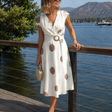 Lorena - Vestido midi para mulher com bolinhas e decote em V
