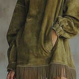 Gabrielle | Vestido de camurça com gola alta e franjas
