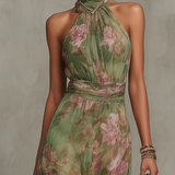 Serena | Robe Maxi Floral Verde com Decote Cruzado