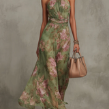 Serena | Robe Maxi Floral Verde com Decote Cruzado