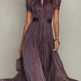 Maria - Vestido Maxi de Chiffon com Decote em Keyhole e Renda
