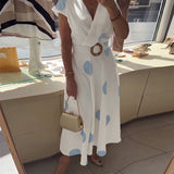 Lorena - Vestido midi para mulher com bolinhas e decote em V