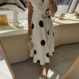 Lorena - Vestido midi para mulher com bolinhas e decote em V
